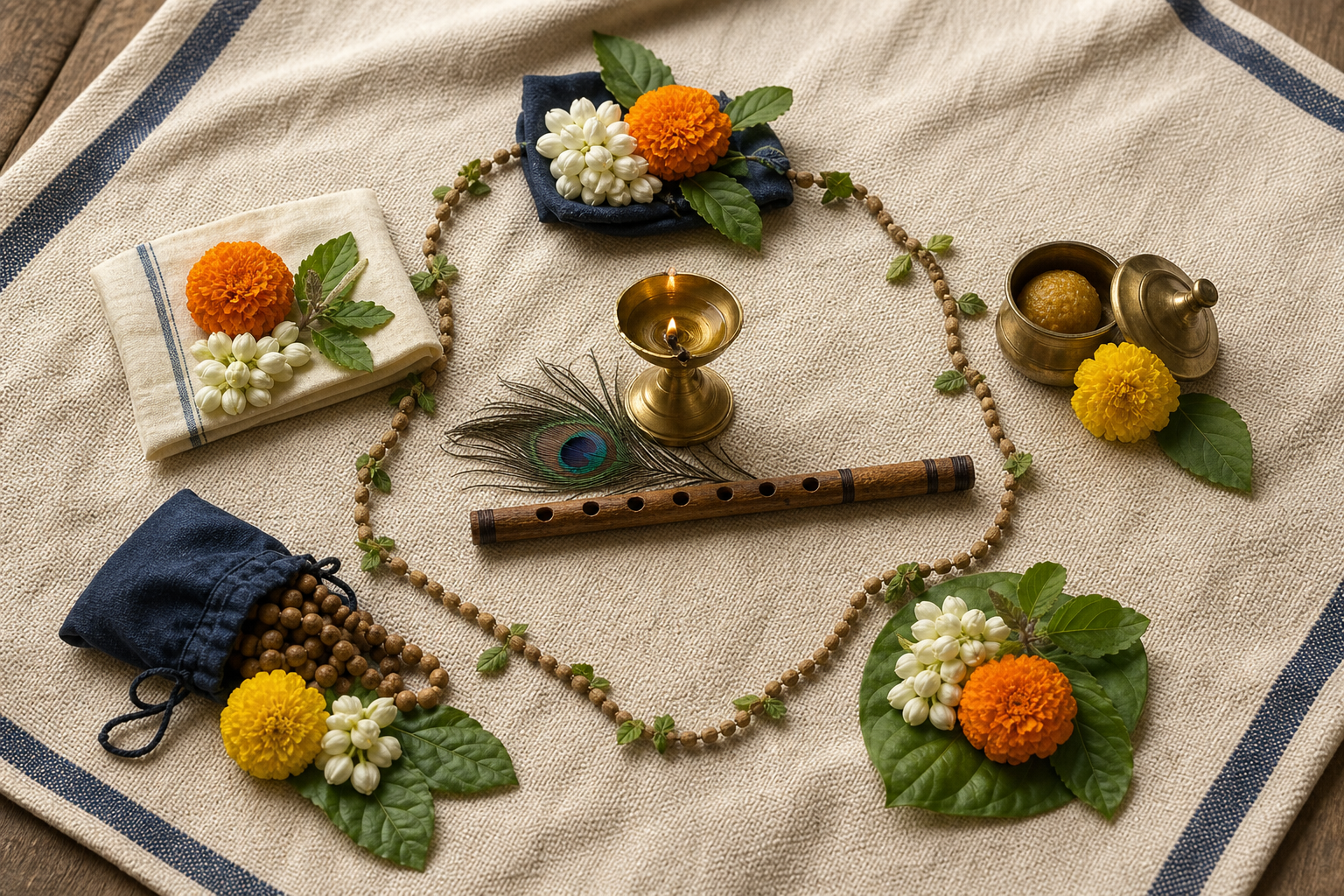 Five different flower and devotional arrangements surround a brass lamp, peacock feather, wooden flute, and tulsi prayer beads.