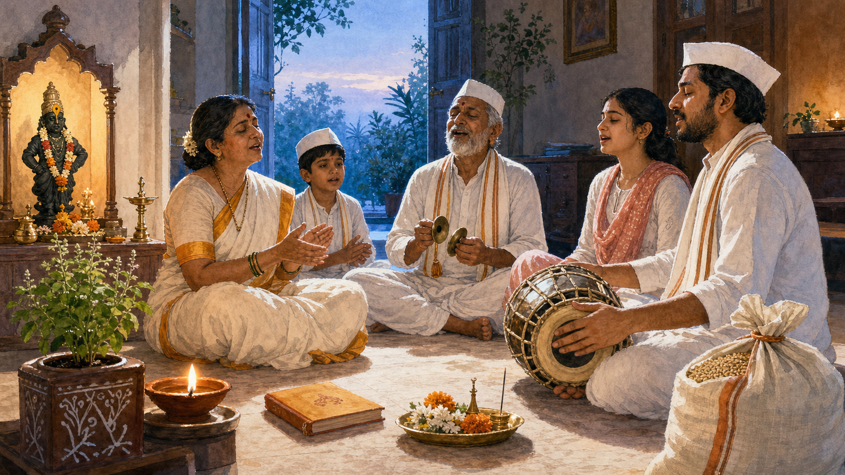 A multigenerational group observes Tukaram Beej at home with an oil lamp, tulsi plant, hand cymbals, drum, flowers, and a bag of grain for service.