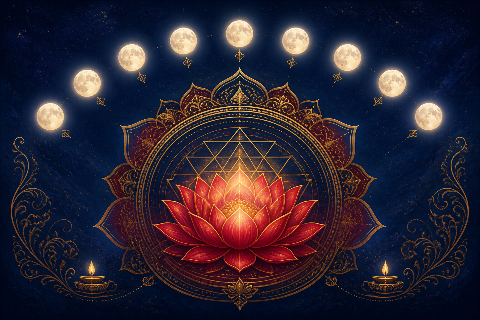 A luminous lotus within a crimson and gold geometric mandala beneath an arc of nine moonlike lights on a deep indigo background.