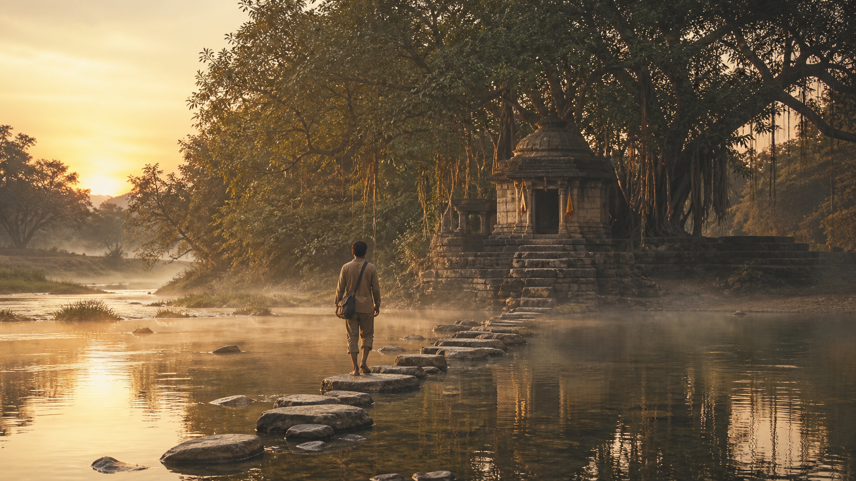 A pilgrim carrying a small cloth bag crosses a shallow river toward a stone shrine among trees at dawn.