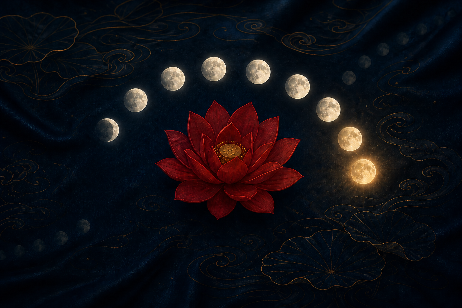 Nine luminous moon-discs curve around a red lotus, with the ninth disc glowing more warmly and faint lights continuing beyond the sequence.