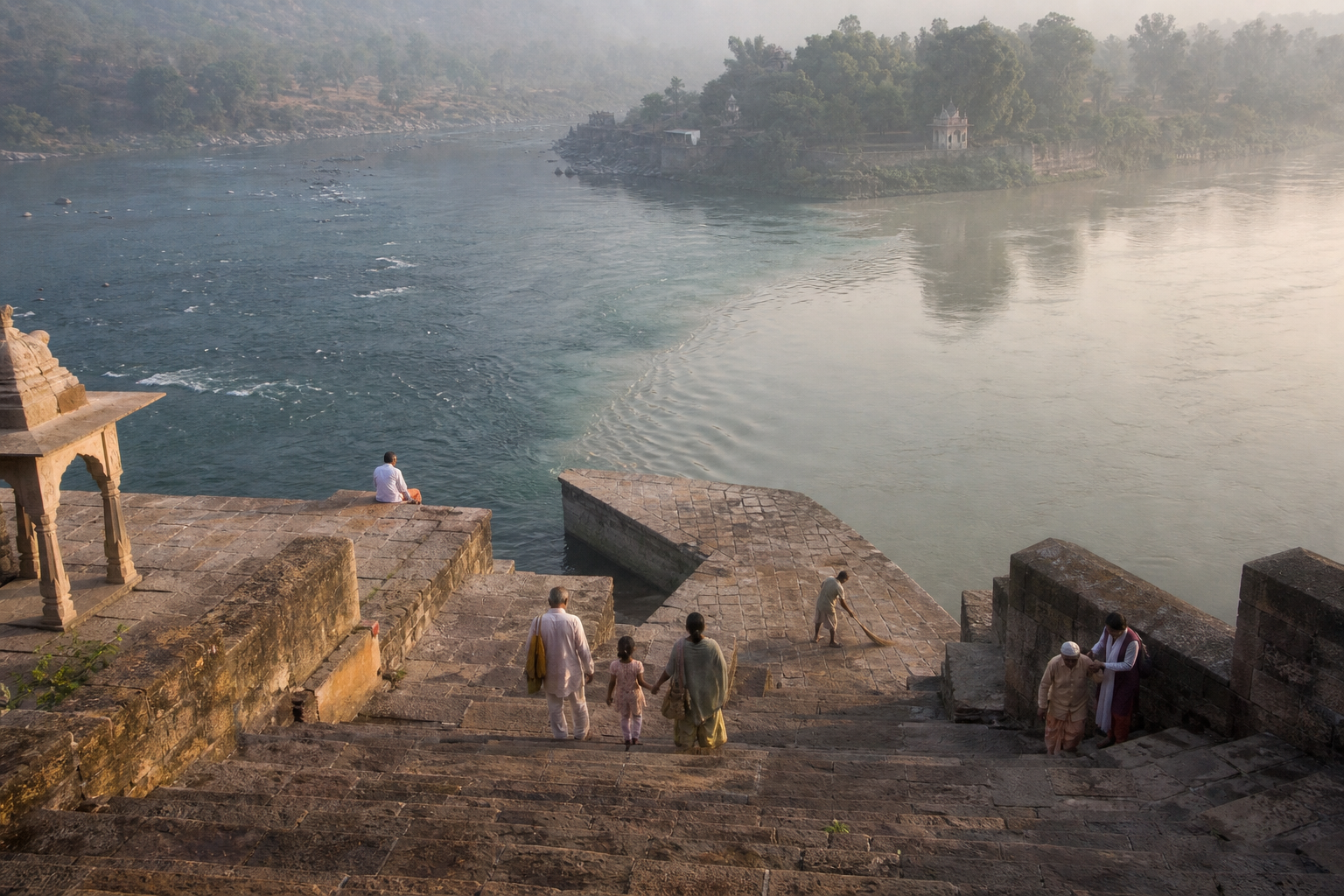 Two rivers meet beside stone ghats where pilgrims reflect, walk, sweep, and help one another on the steps.
