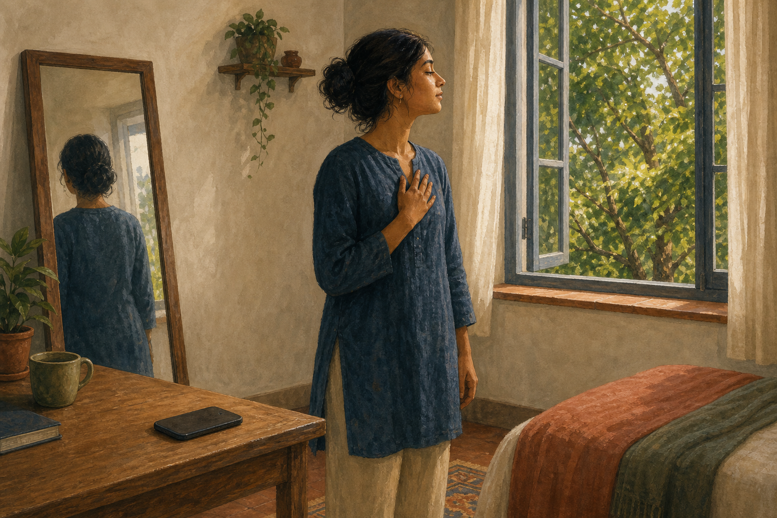 A young adult places a phone face down and pauses with a hand on their chest beside a mirror and an open window.