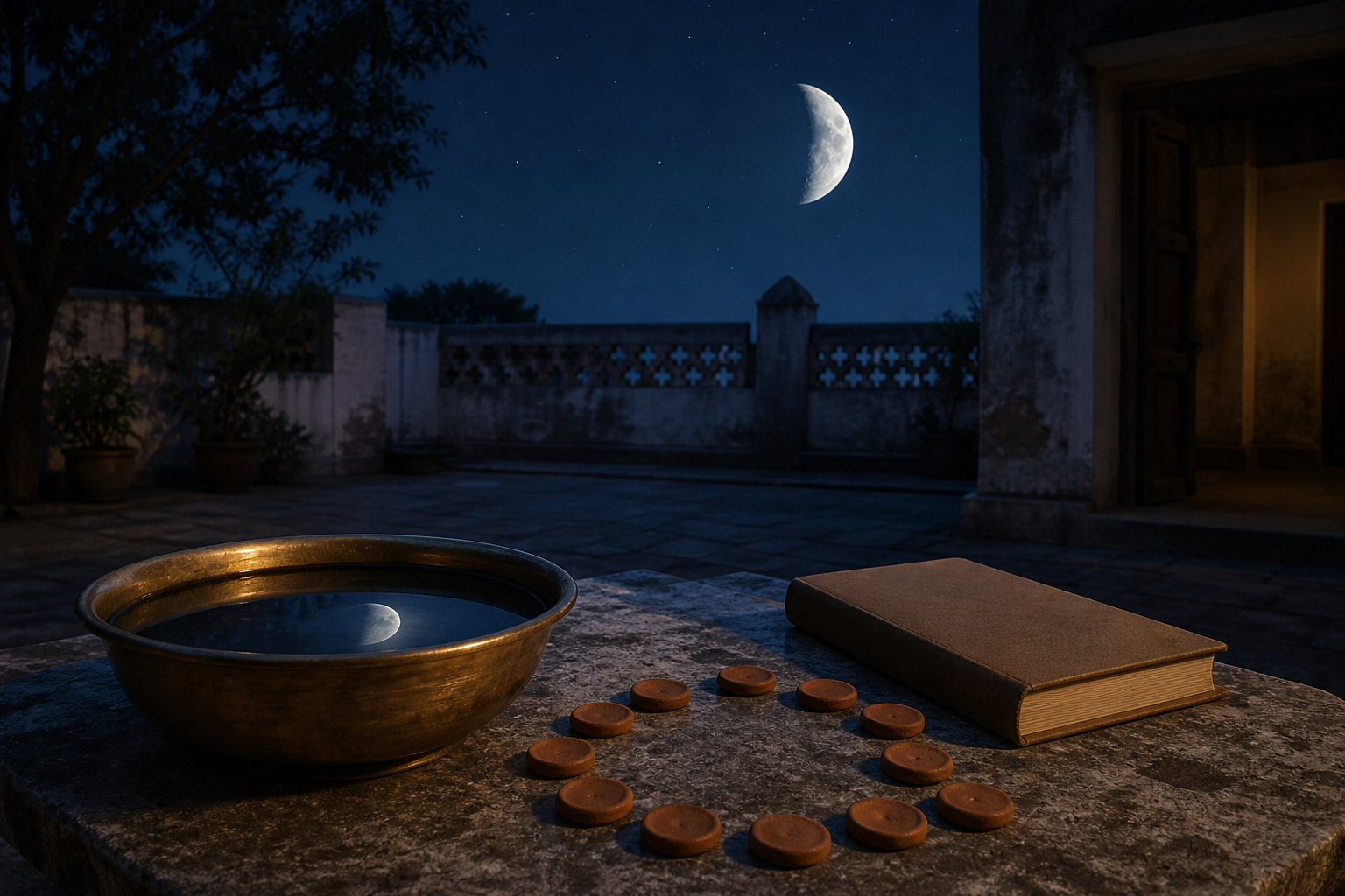 A waxing moon hangs above a quiet courtyard and is reflected in a brass bowl beside clay counters and a closed blank almanac.