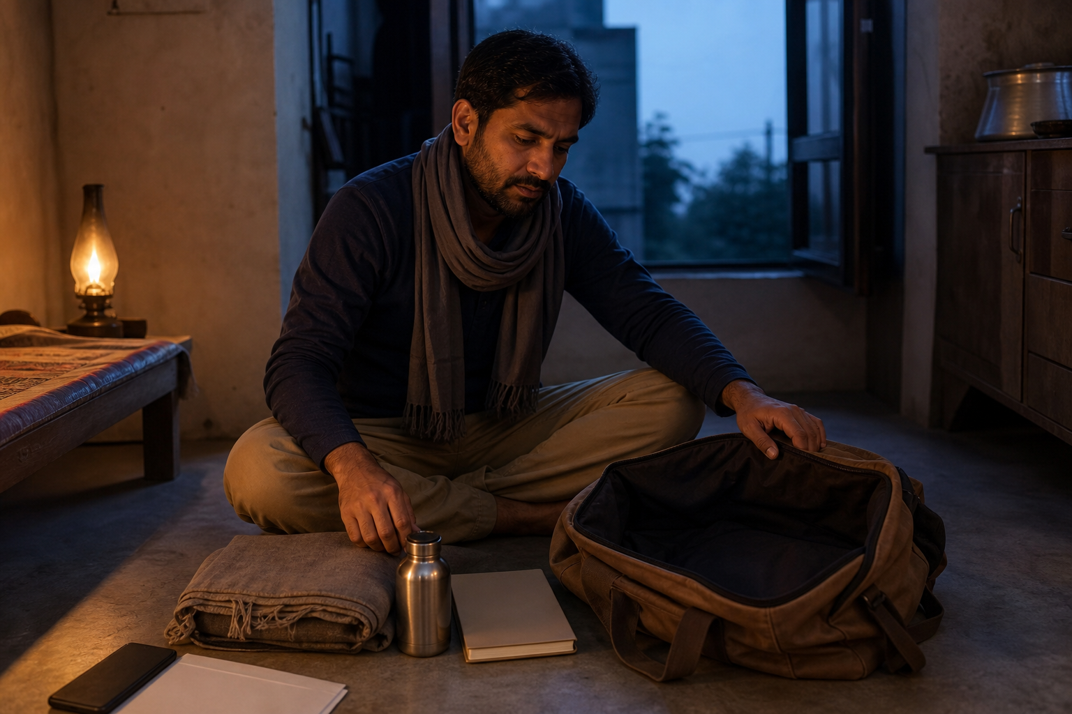 A traveler sits thoughtfully beside a lightly packed cloth bag in a home before dawn.