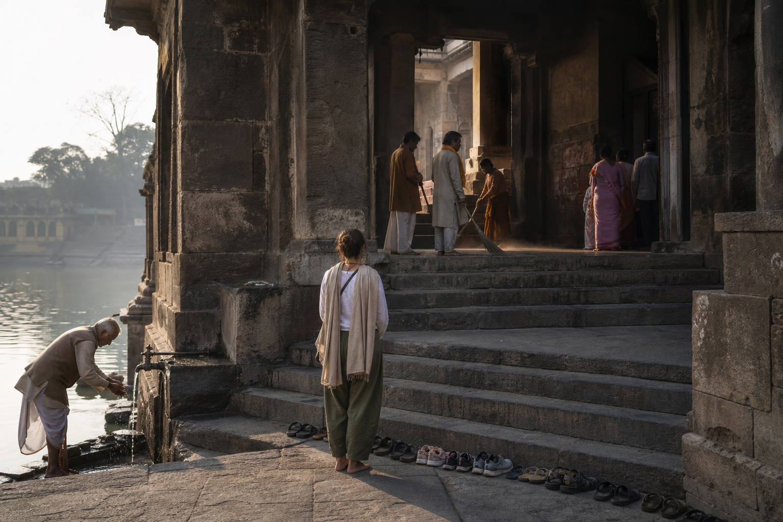 A barefoot pilgrim pauses at worn stone steps while attendants and visitors follow the routines of a riverside sacred complex.