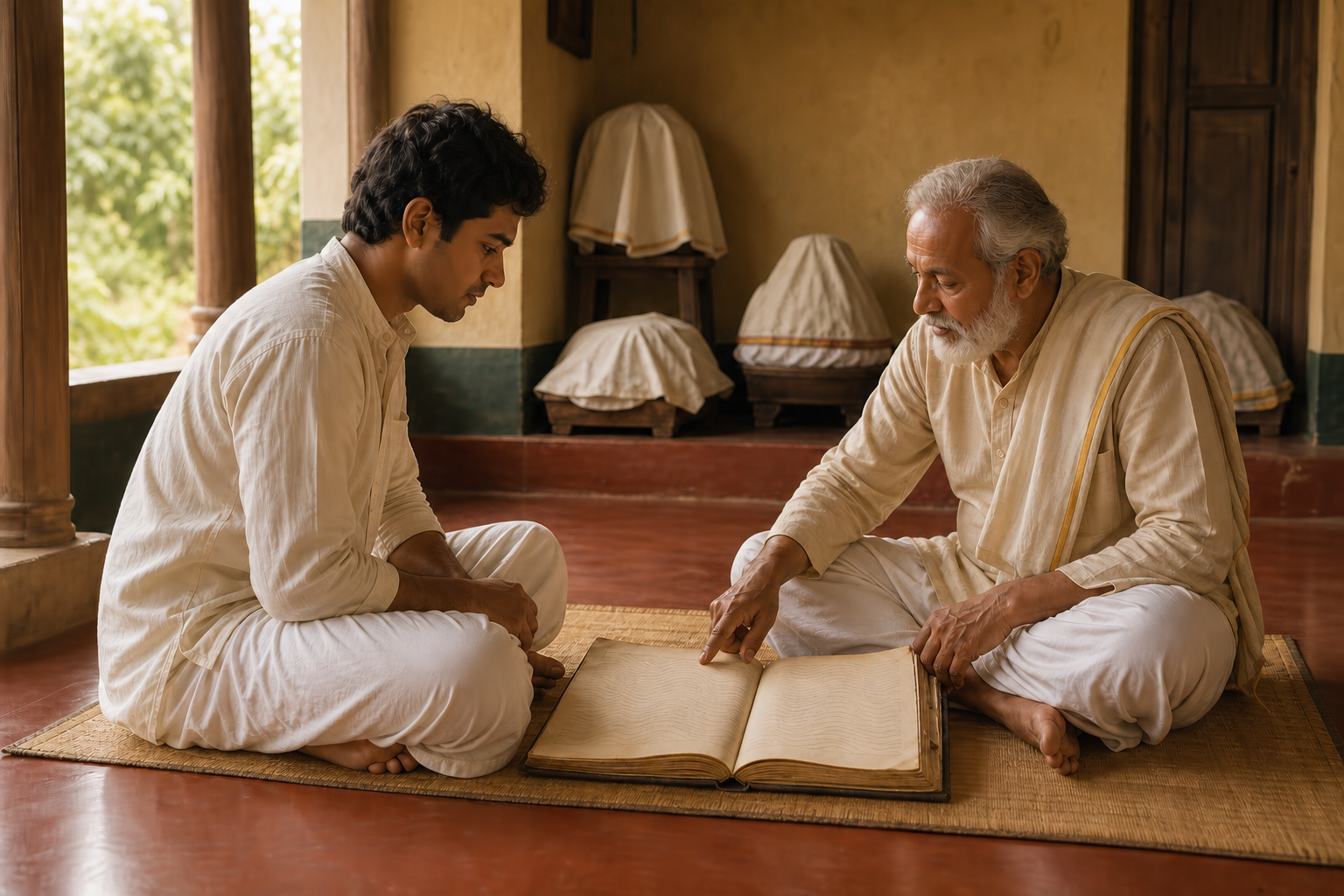 An adult student and an elder teacher sit in a quiet veranda studying an open manuscript while covered ritual objects remain in the background.
