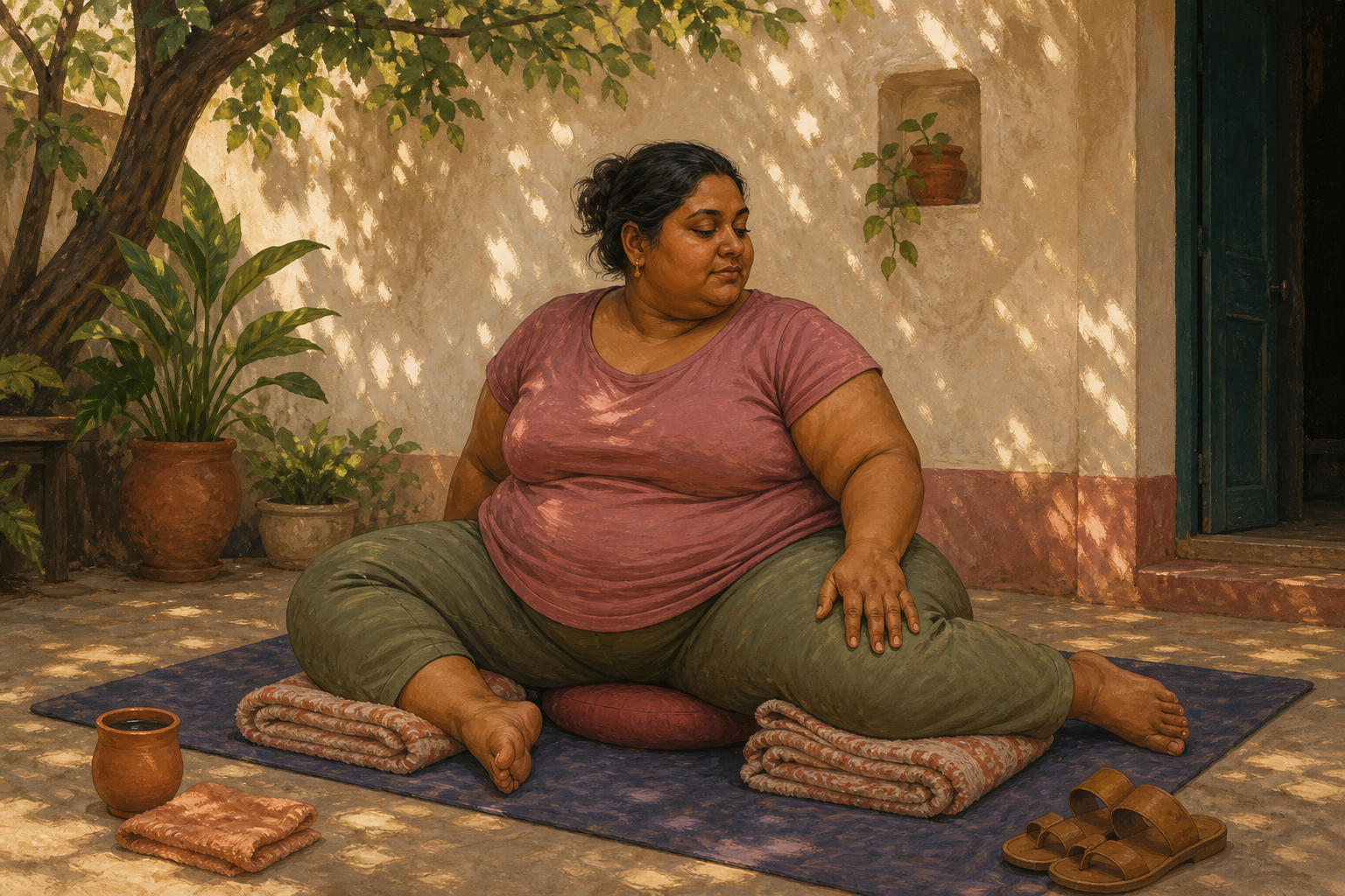 A large-bodied adult uses cushions and folded blankets while performing a gentle seated stretch in a sunlit courtyard.
