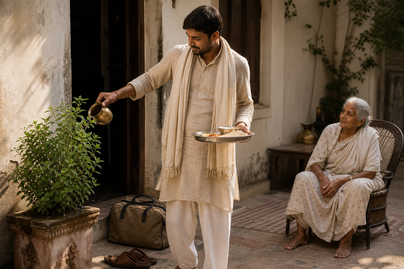 A returned traveler waters a tulsi plant and carries food toward an older family member in a sunlit courtyard.