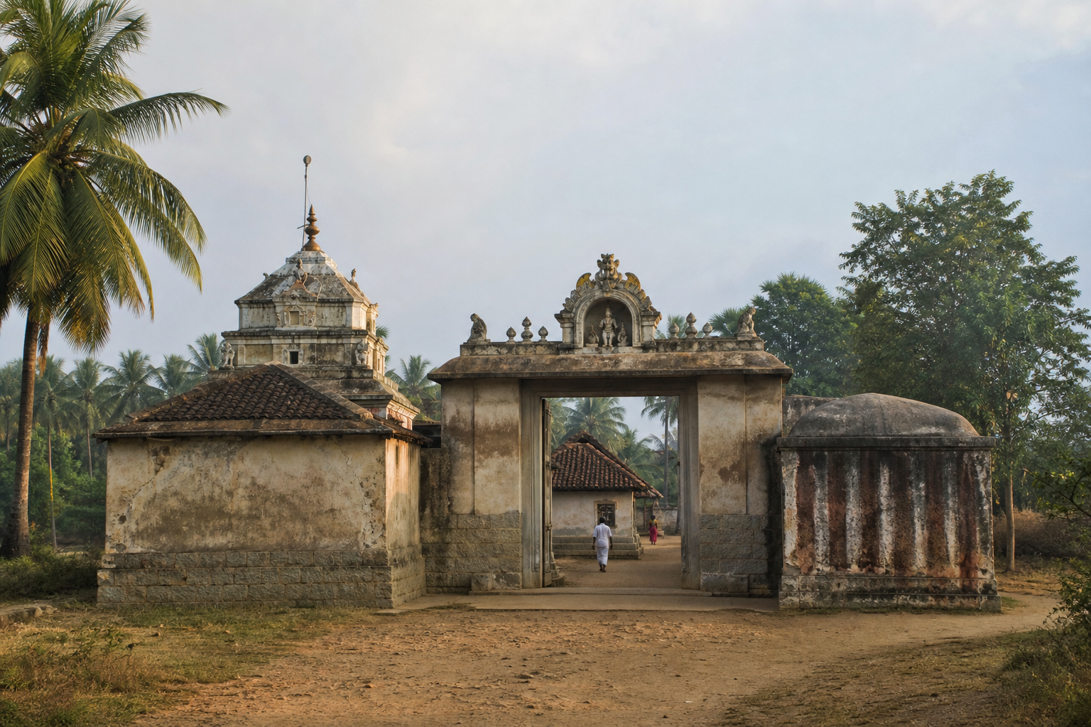 A quiet historic Shiva temple near Pattukkottai in warm early-morning light, with palm trees and a few pilgrims near the entrance.