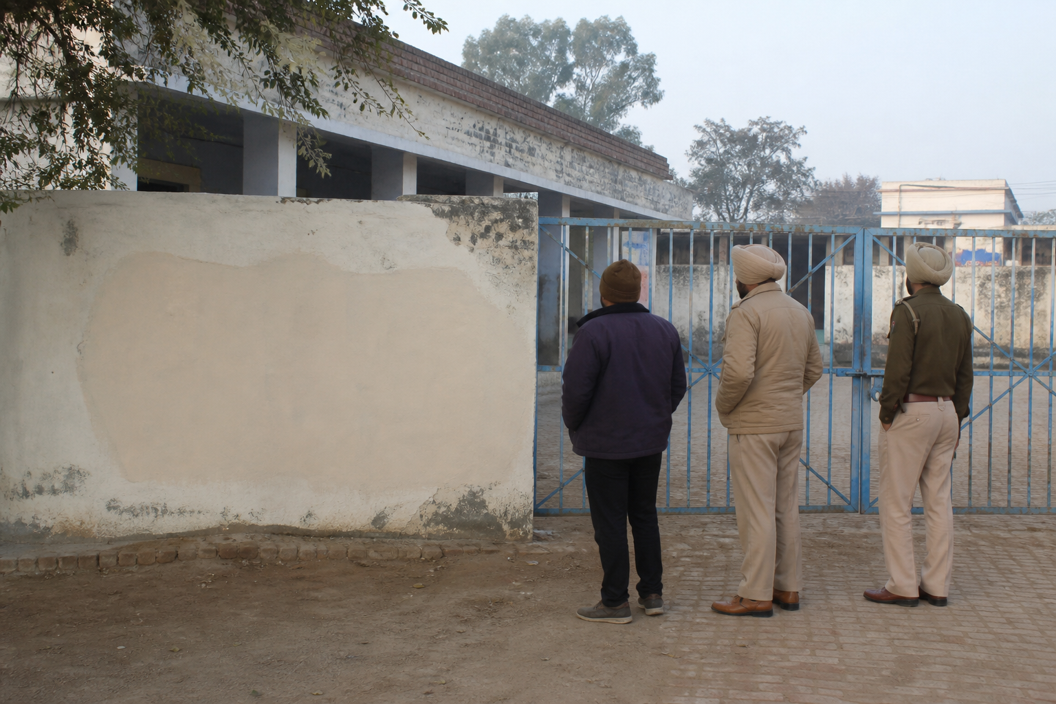 Two police officers and a school caretaker inspect a freshly painted section of a government school boundary wall in a quiet Punjab courtyard.