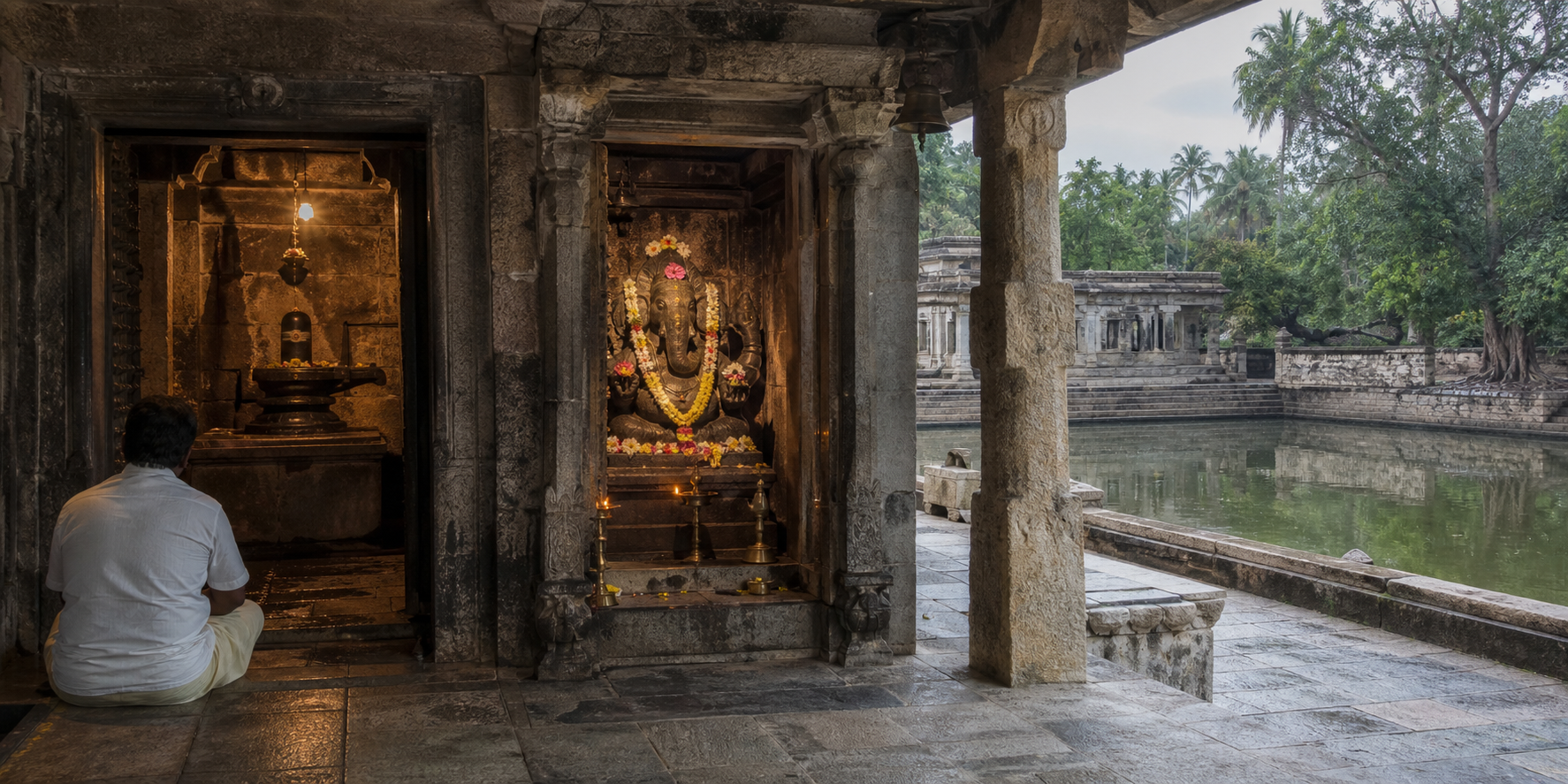A panoramic temple scene showing a Shiva linga, a flower-adorned Ganesha shrine, and a stepped temple pond.