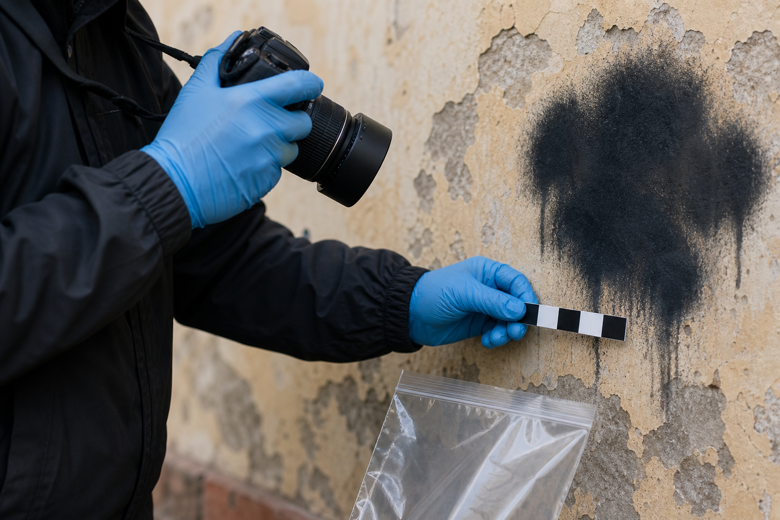 A gloved evidence technician photographs an illegible painted area on a weathered school wall beside forensic tools.