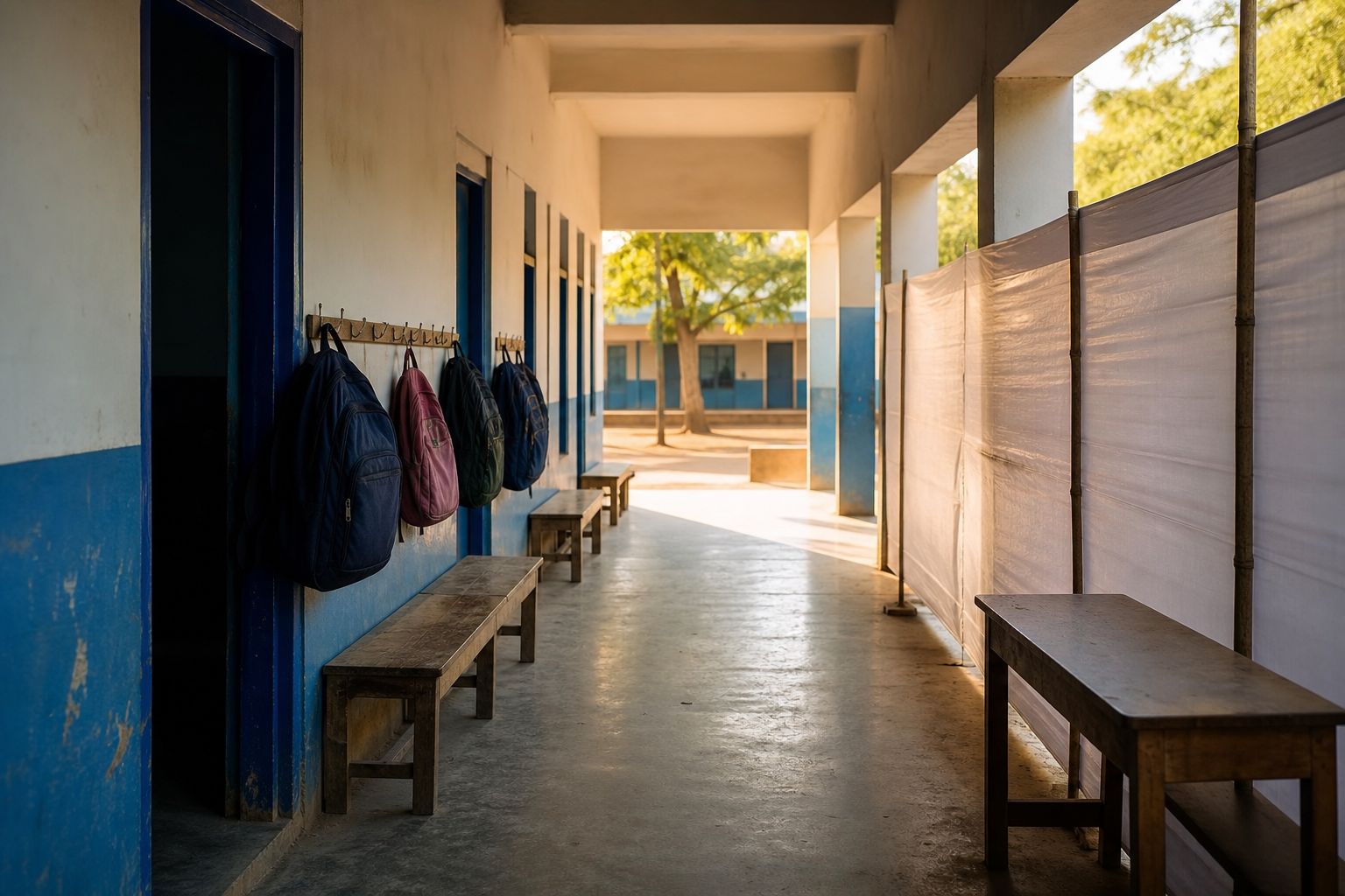 An empty Punjab school corridor faces a courtyard where a section of wall is screened by temporary barriers.