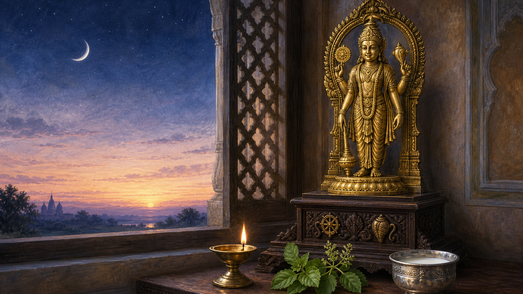 A bowl of milk, tulsi leaves, conch, and brass lamp arranged before an elevated Vishnu shrine beside a predawn window.