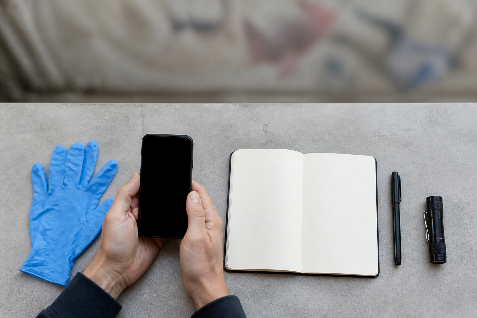 Hands hold a dark-screened phone above gloves, a blank notebook, a pen, and a flashlight arranged for documenting and reporting an incident.