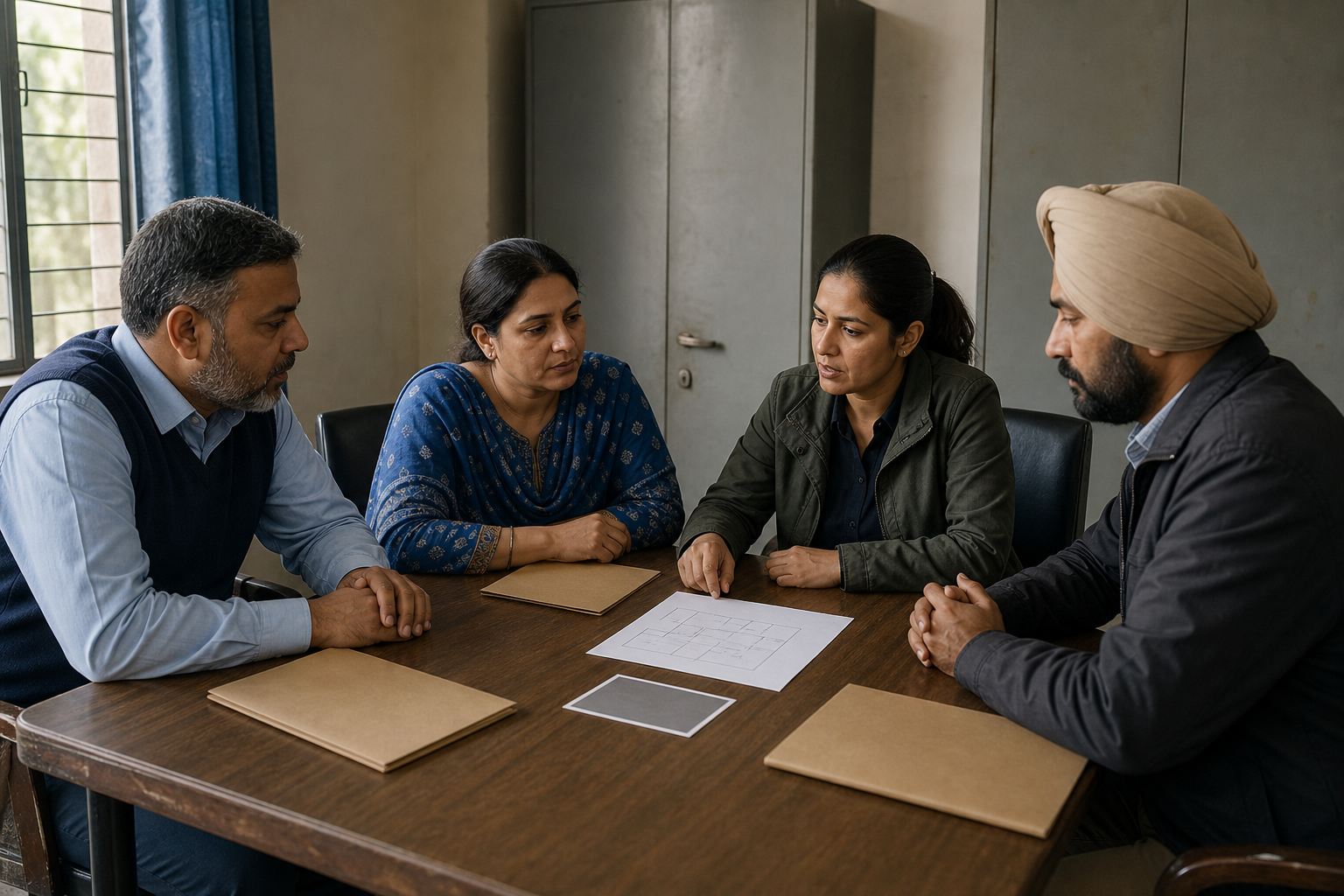 A school administrator, teacher, parent representative, and police investigator meet around a table in a modest school office.