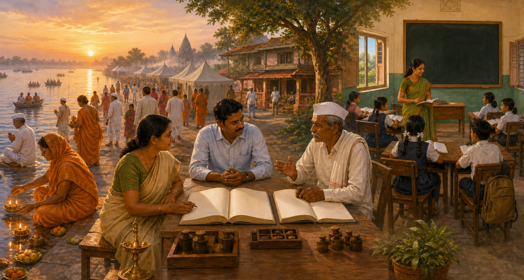 A continuous editorial scene shows pilgrims at a misty river ghat, schoolchildren in a Marathi-medium classroom, and two open account books connecting the settings.