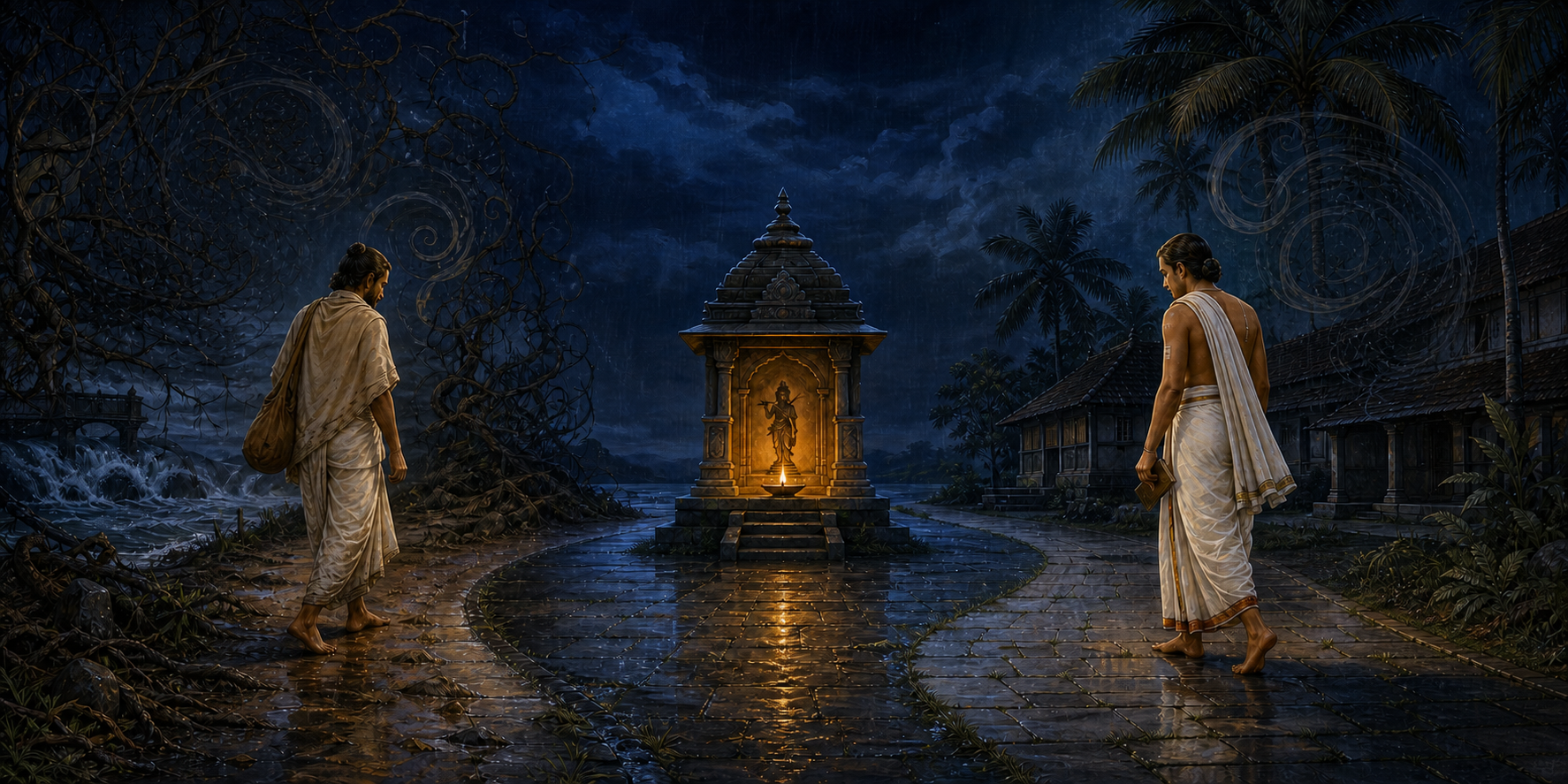 Two premodern Indian seekers leave dark, turbulent surroundings and approach a warmly lit Krishna shrine from opposite sides.