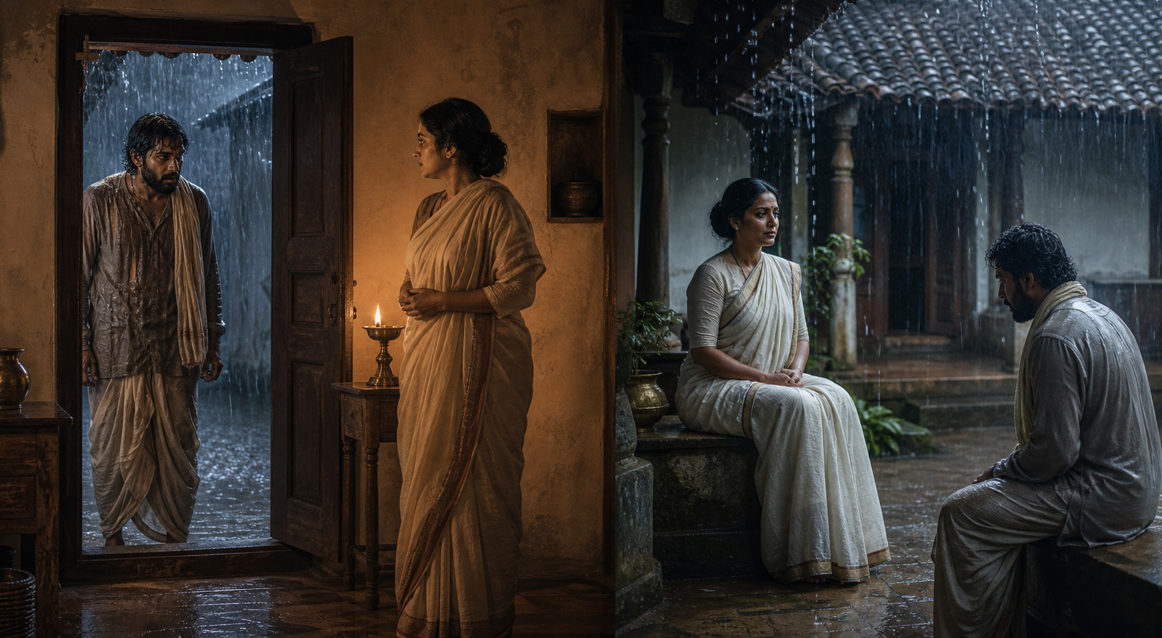 Two composed women speak to rain-soaked men in separate premodern North Indian and Kerala interiors.