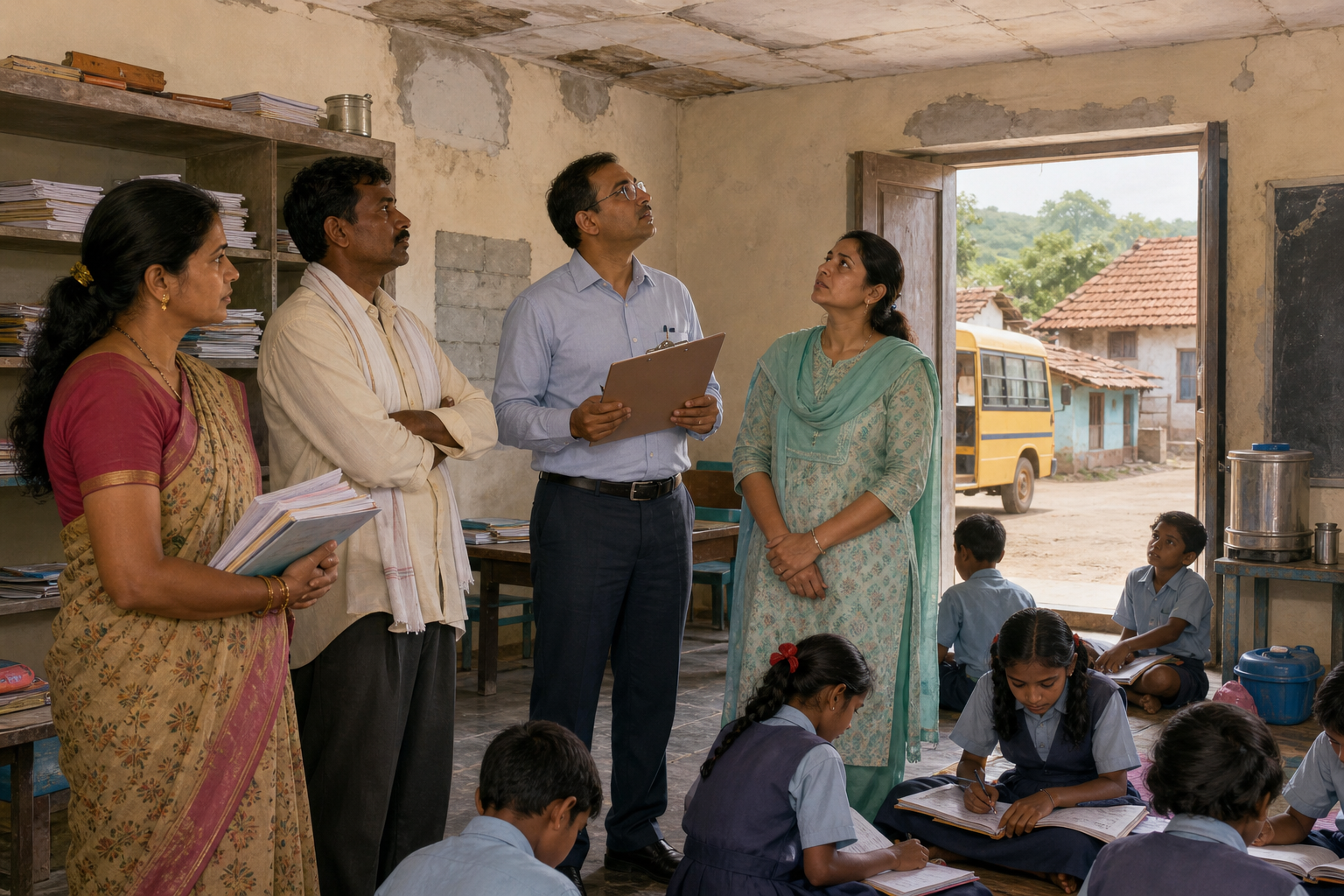 A teacher, parents, and an education officer inspect a functioning rural classroom while children study nearby.