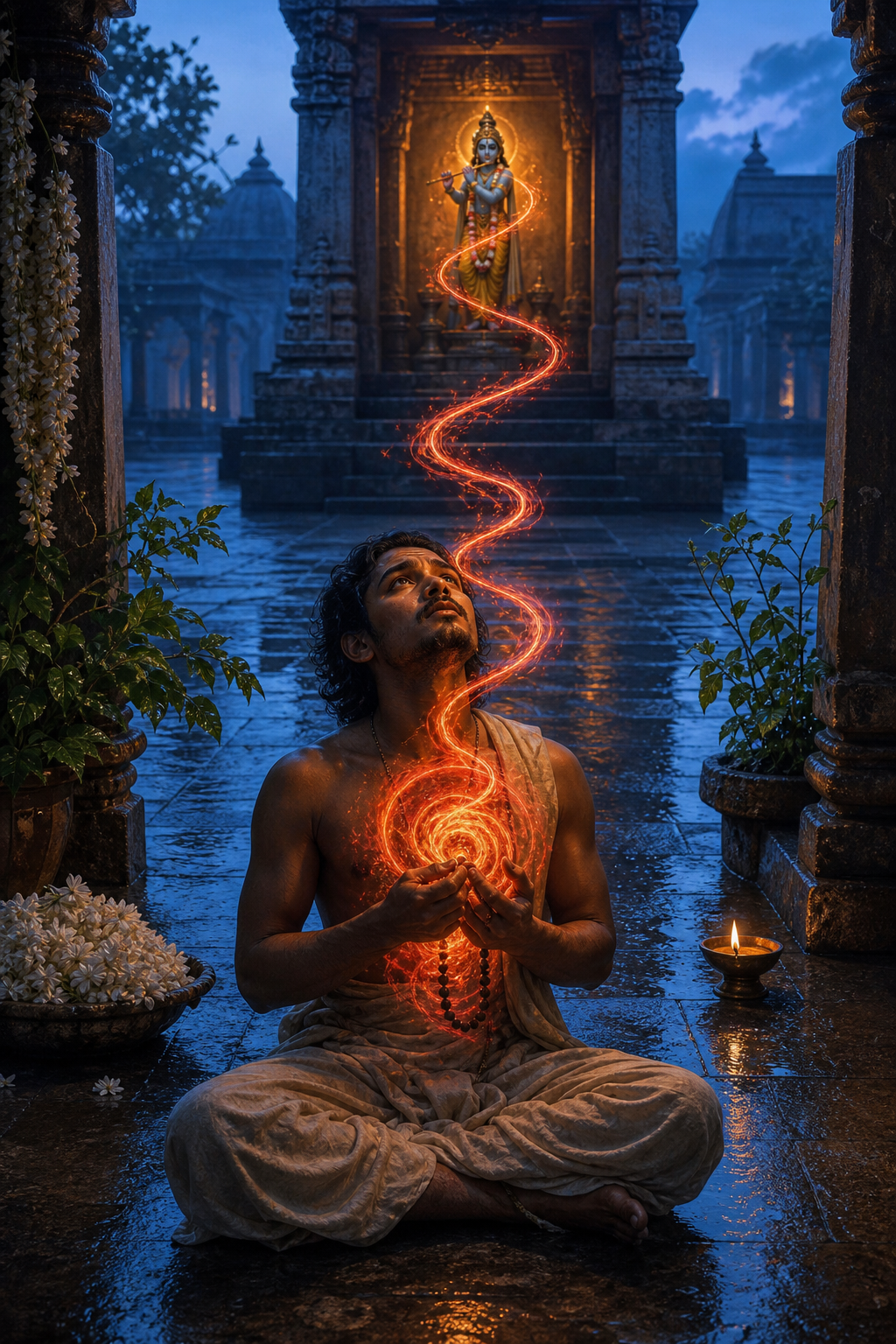 A devotee with prayer beads directs a glowing spiral from his heart toward a softly lit Krishna shrine at dawn.
