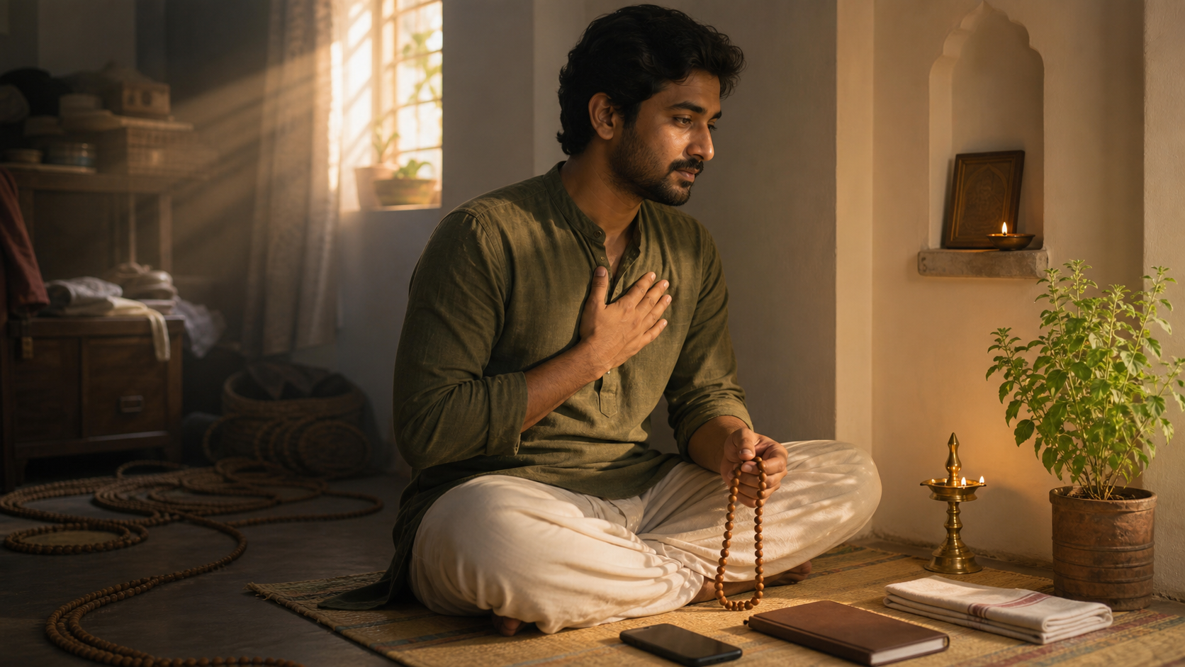 A person practices with prayer beads beside a home shrine while a smartphone and closed notebook remain set aside.