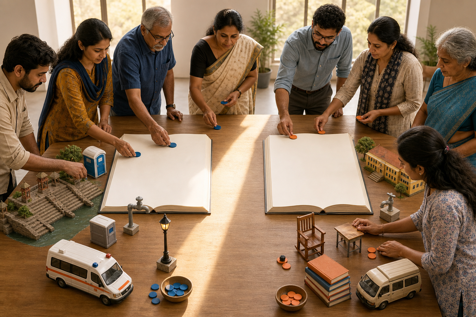 Citizens review two open blank ledgers surrounded by miniature models of river-gathering services and school facilities.