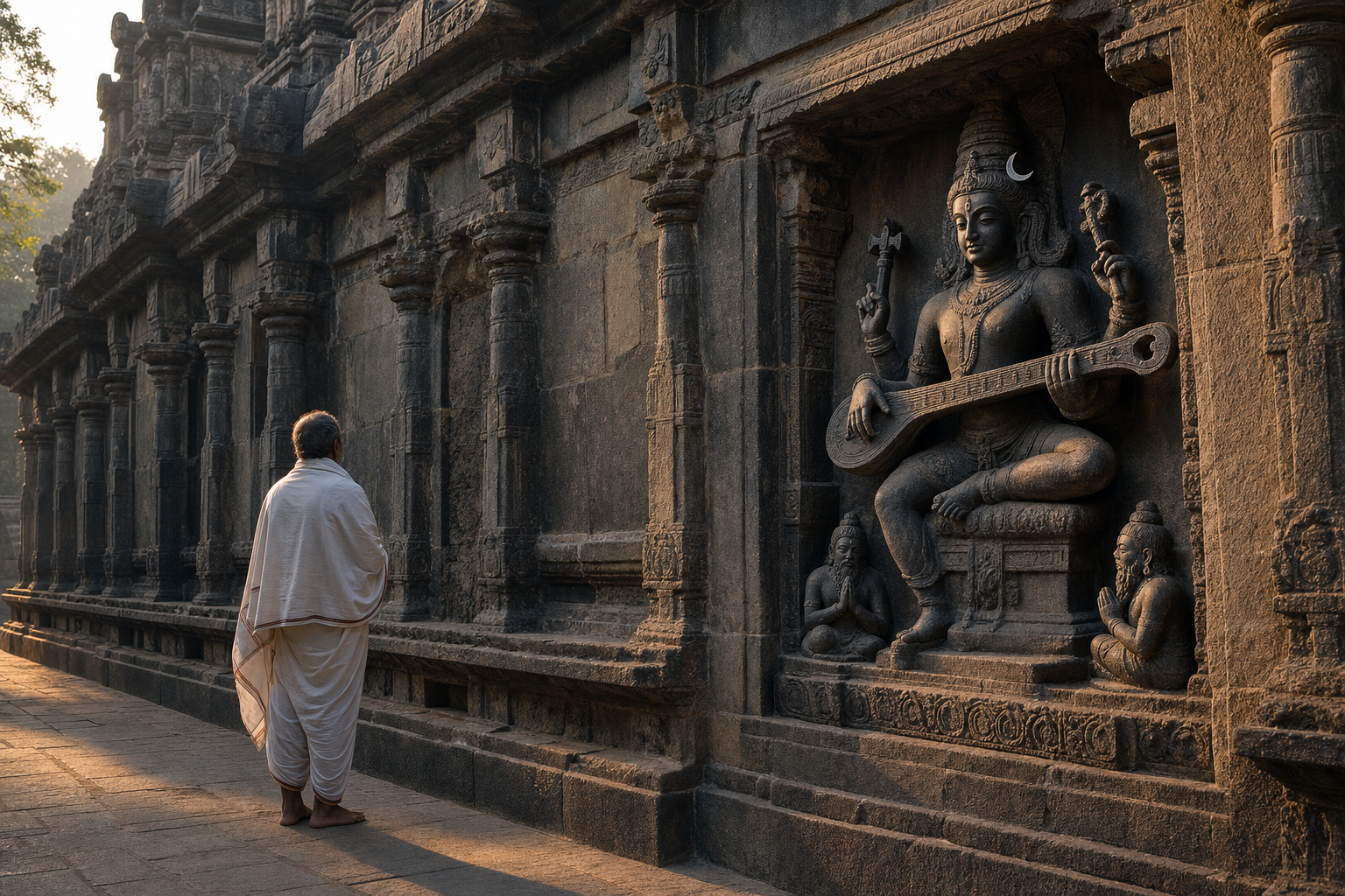 A visitor pauses before a stone niche containing a veena-bearing form of Shiva on the outer wall of a temple sanctum.