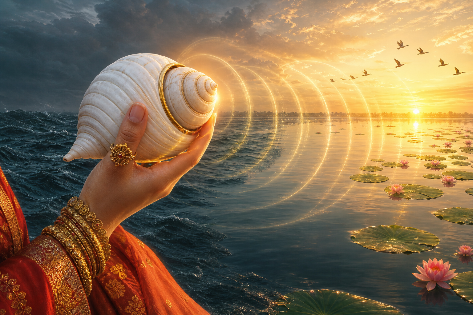 A hand of Durga raises a white conch as rings of light spread over water that becomes calm beneath the rising sun.