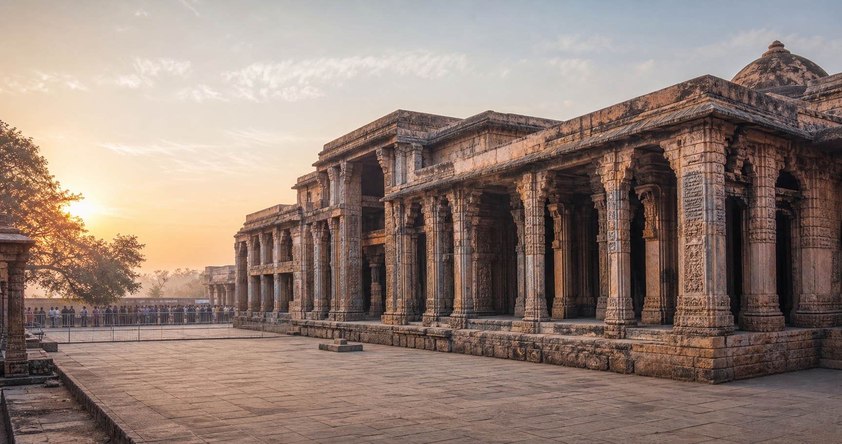 Historic stone arches and pillars at the Bhojshala-Kamal Maula complex, with a peaceful gathering outside the precinct at sunrise.