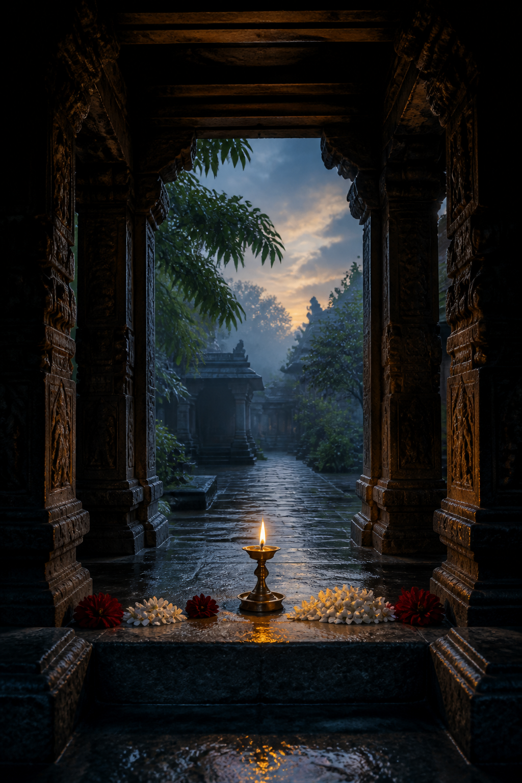 A brass oil lamp and fresh flowers glow at the shadowed entrance of a carved granite Tamil Shaiva temple sanctum at dawn.