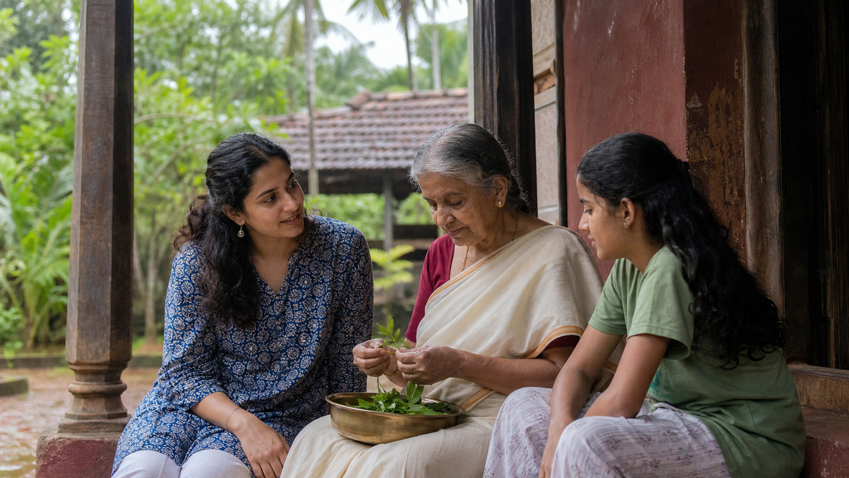 Three generations of a Malayali family spend time together on the veranda of a Kerala home while sorting fresh curry leaves.