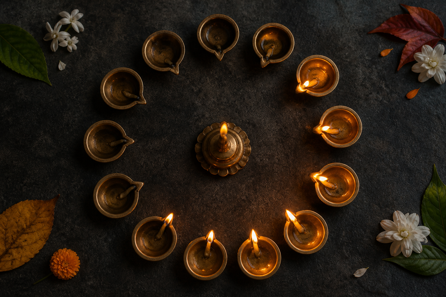 Twelve small brass lamps form a circle around a central lamp on a dark stone surface, symbolizing the yearly cycle of sacred months.