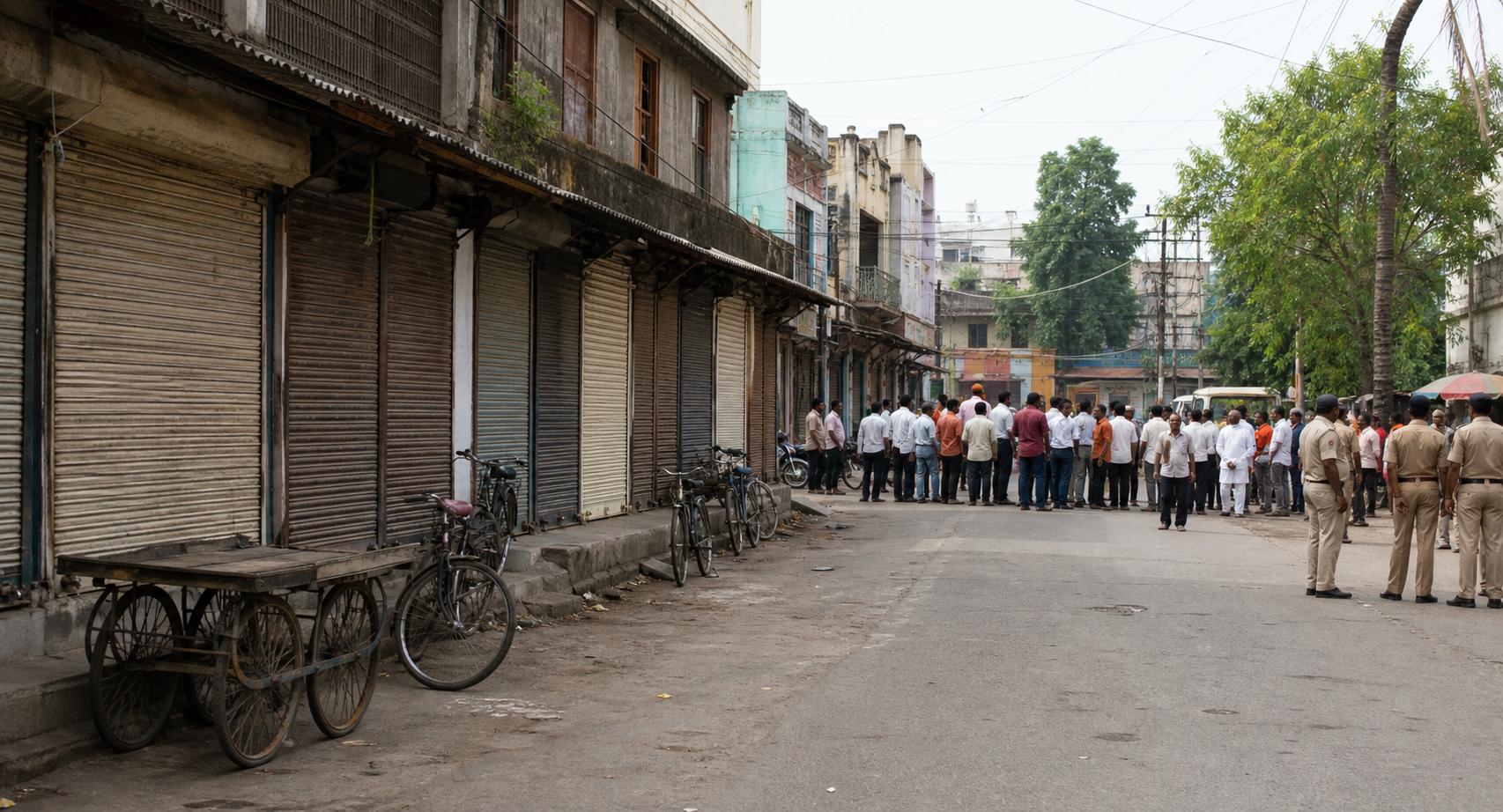 Closed market shops and a peaceful gathering on a quiet street during a bandh in Dhar.