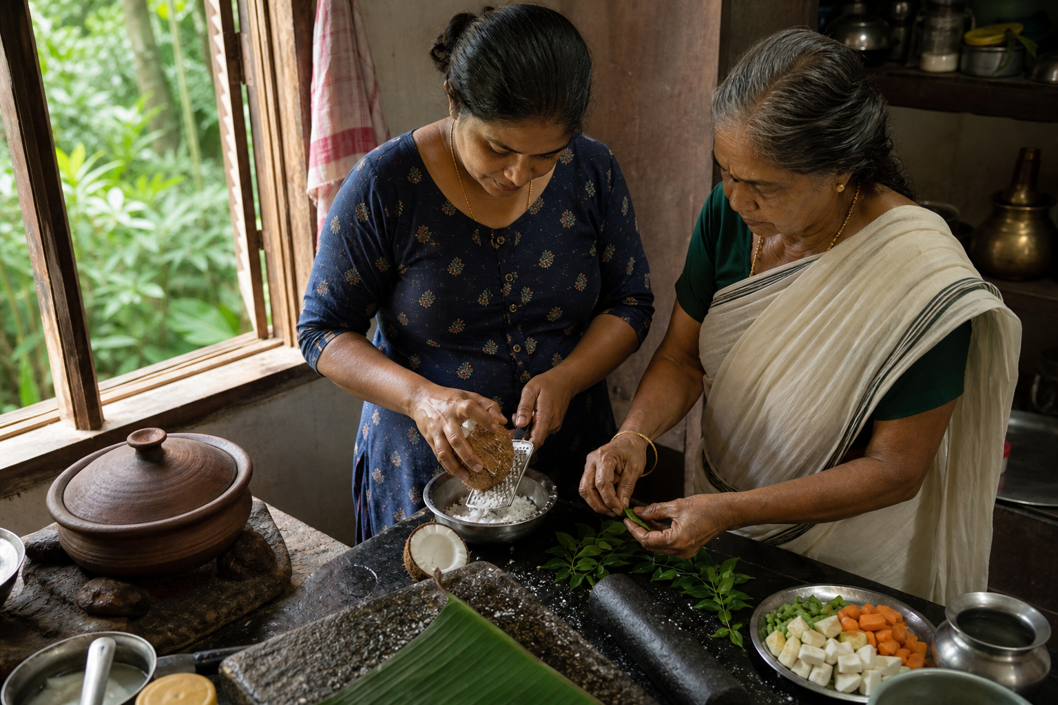 An adult family member learns to prepare a meal with an older relative in a Kerala kitchen using coconut, curry leaves, vegetables, and traditional utensils.