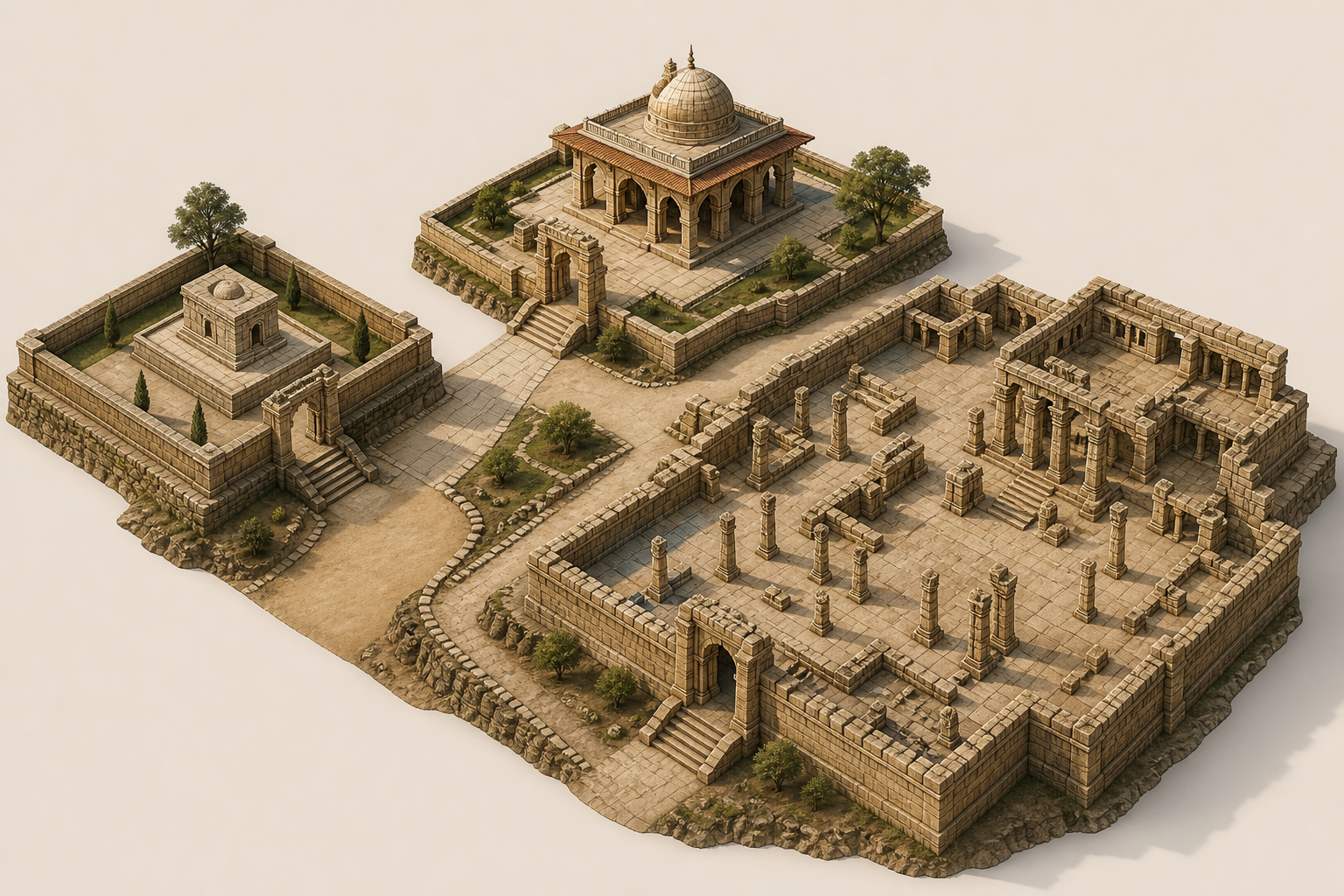 Cutaway illustration of a heritage precinct with a tomb enclosure, an arched prayer space, and a wider archaeological complex shown as separate areas.