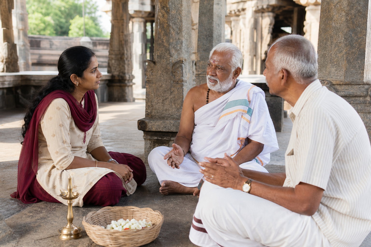 A woman speaks with an elderly temple priest and a family elder in the pillared courtyard of a Tamil Shaiva temple.
