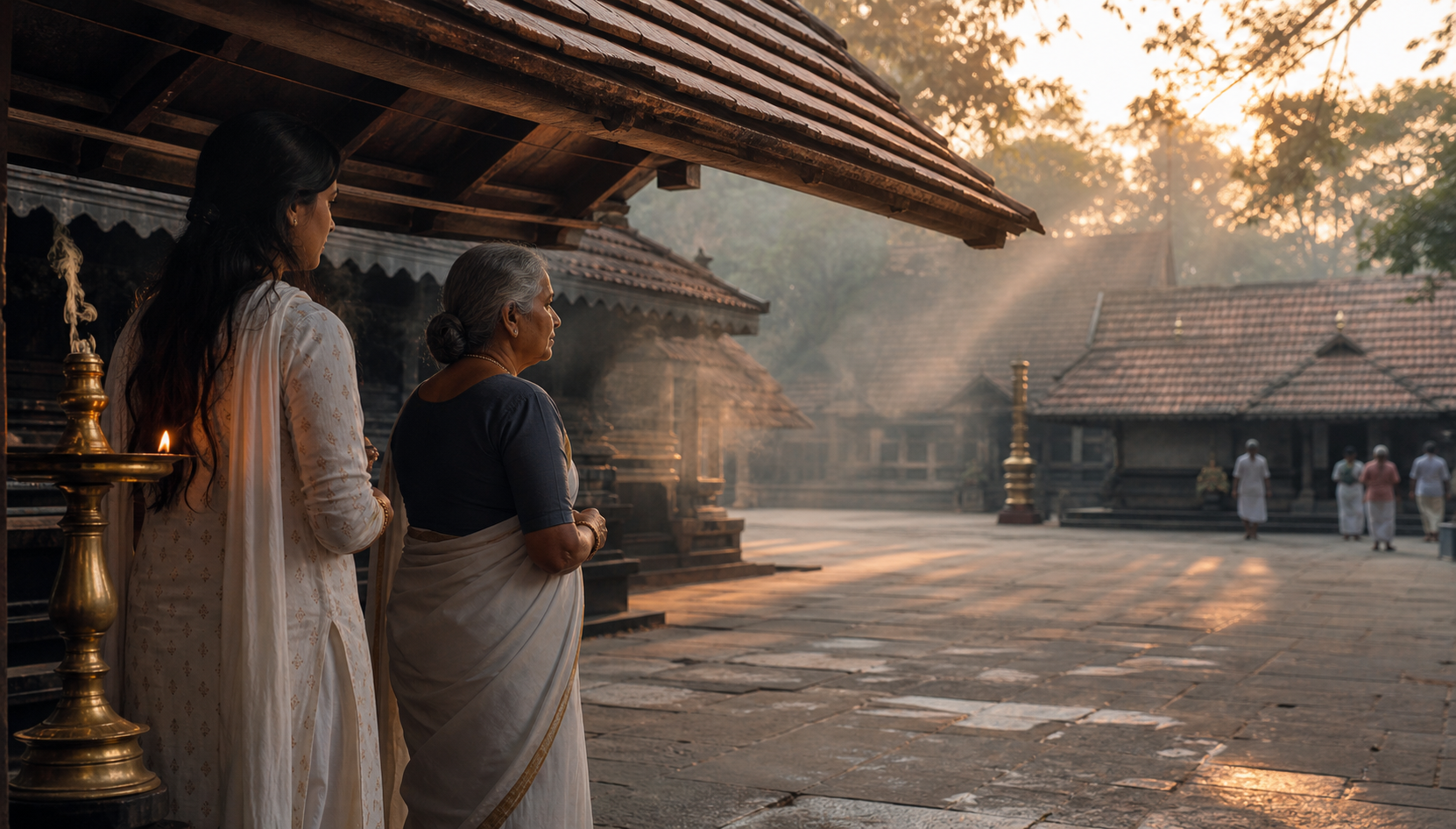 Two relatives pause together in the outer courtyard of a Kerala temple at dawn near a brass oil lamp and tiled eaves.