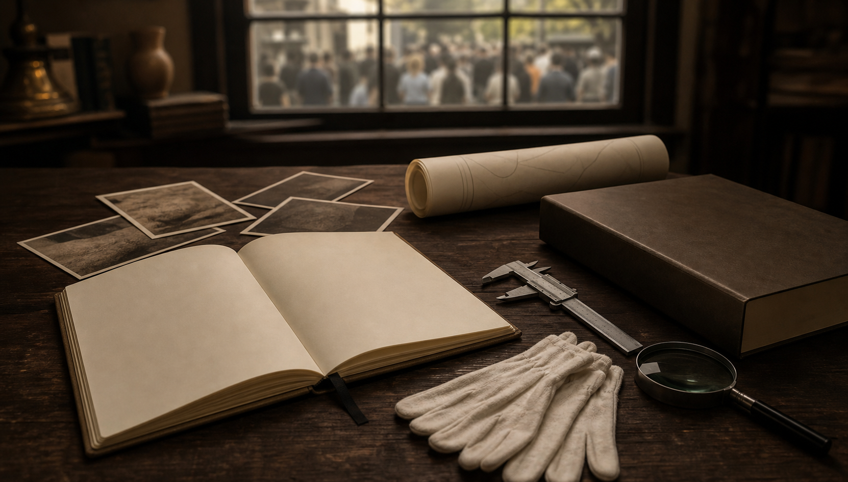 Archaeological tools, blank records, archival photographs, and a closed legal file on a table, with a peaceful gathering blurred in the background.