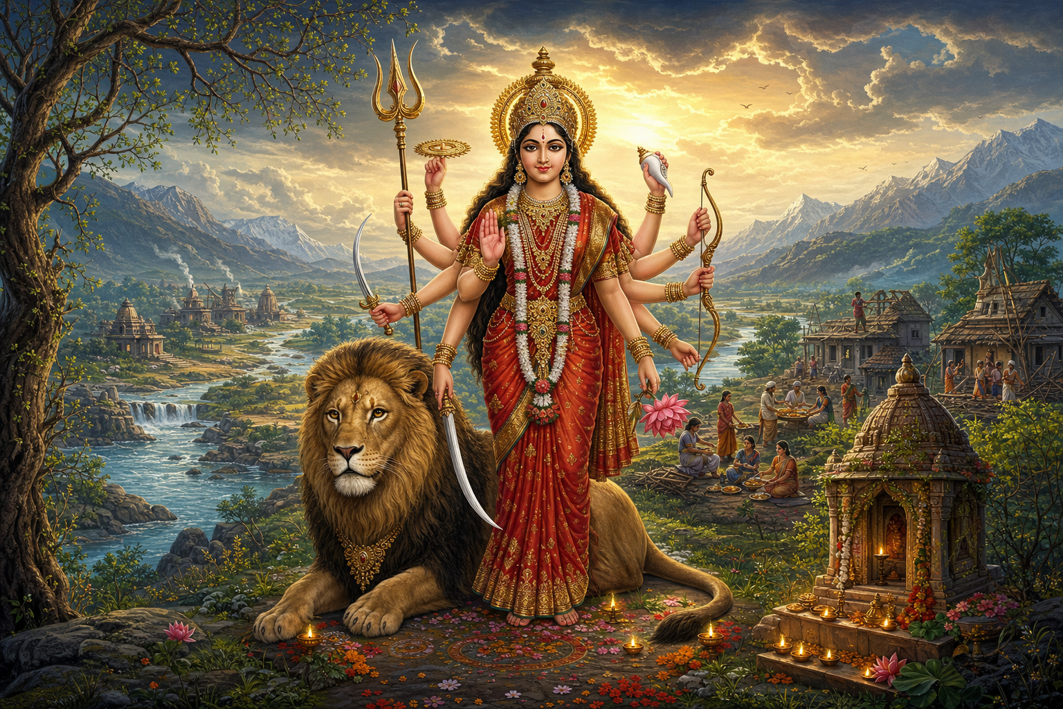 Goddess Durga stands with symbolic weapons and a lotus beside a lion as sunlight returns to a river valley where people rebuild and share food.