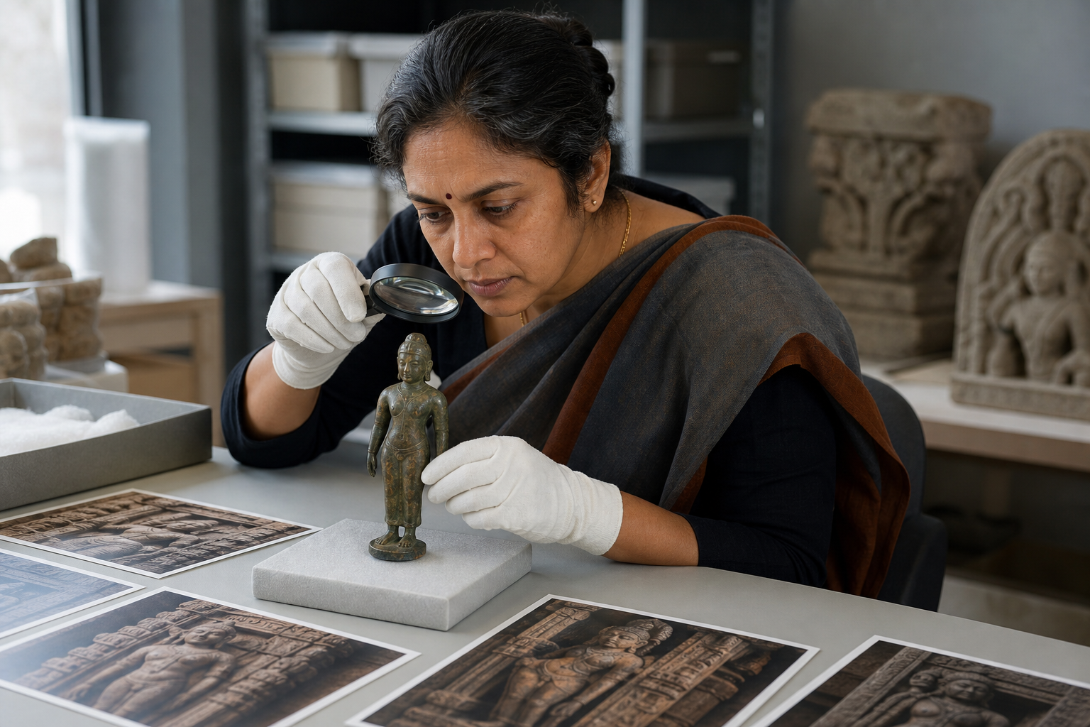 An art historian examines an unidentified bronze goddess sculpture beside unlabeled photographs of temple carvings on an archive table.