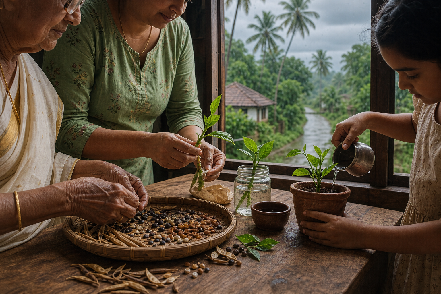 Three family members prepare and water plant cuttings beside an open window overlooking a rain-green Kerala landscape.