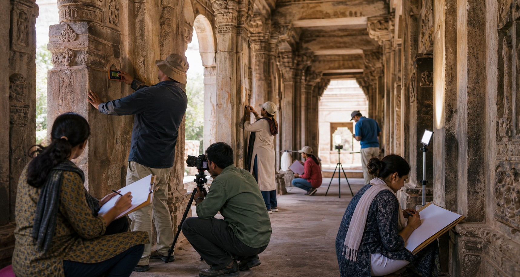 Researchers and volunteers carefully photographing and measuring carved stone pillars inside a historic colonnade.