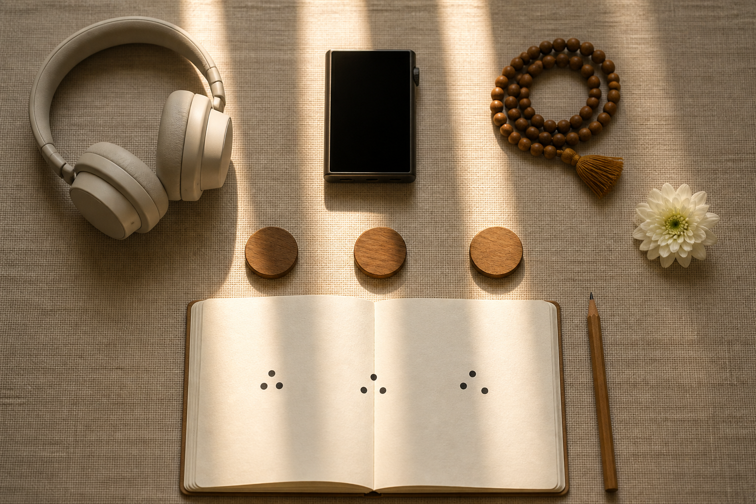 Headphones, a blank-screen audio device, three wooden markers, a notebook, prayer beads, and a white flower arranged on a sunlit desk.