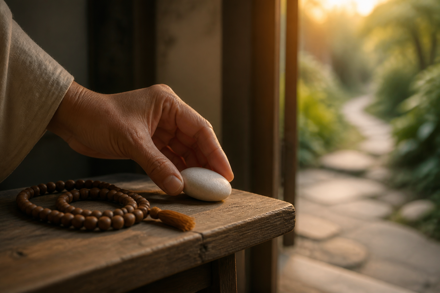 An anonymous hand places a white stone beside prayer beads as a garden path glows in the dawn background.