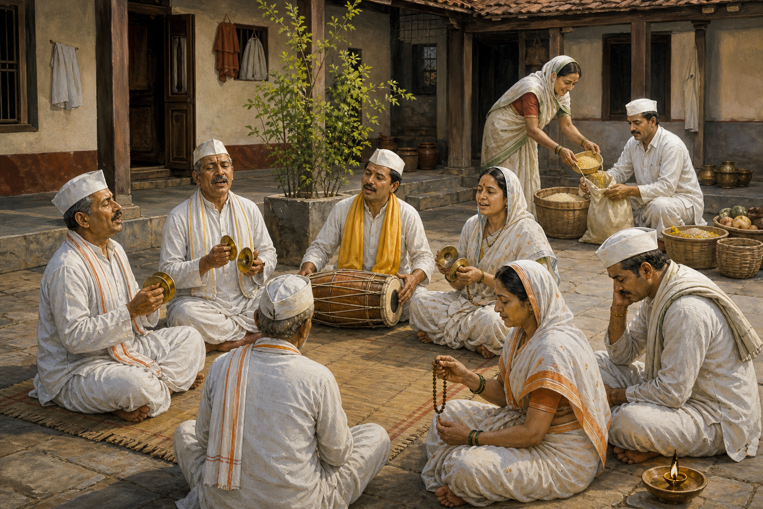 Varkari devotees sing, pray with tulsi beads, reflect beside a lamp, and prepare food and grain for community service in a courtyard.