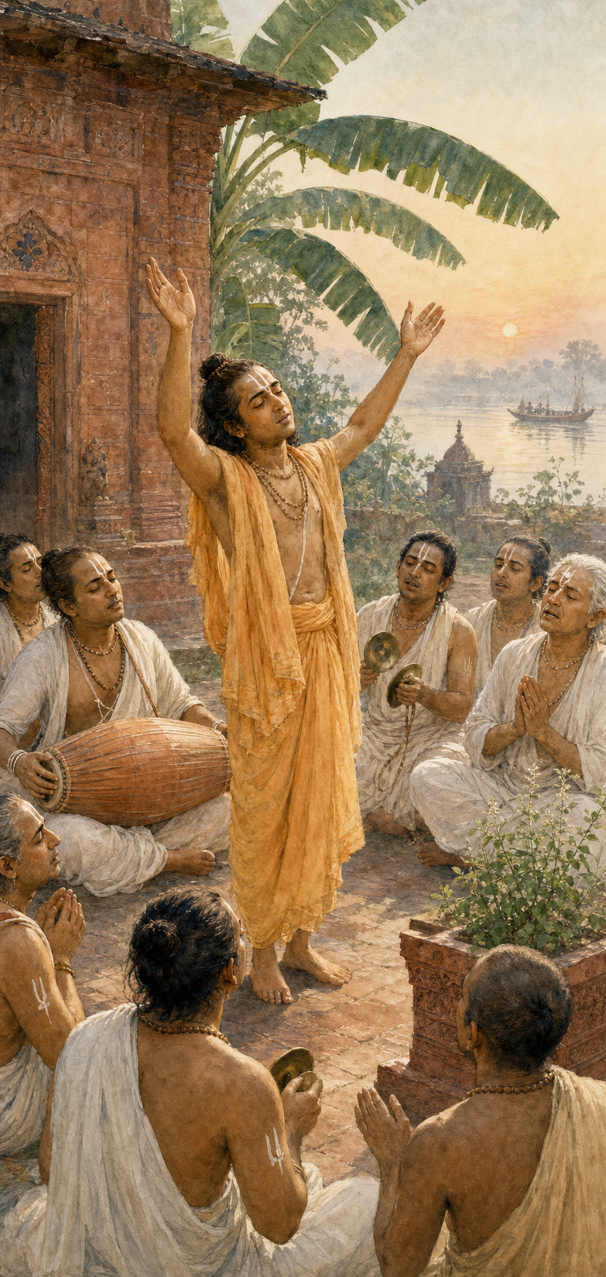 Bengali Vaishnava devotees sing with cymbals and a clay drum around a saffron-robed ascetic in a riverside temple courtyard at dawn.