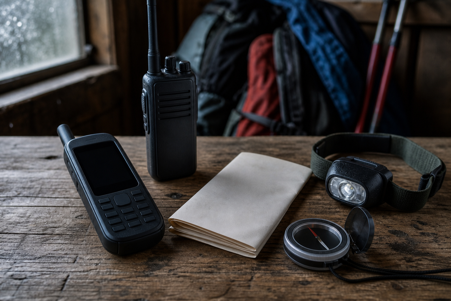 A satellite phone, radio, compass, headlamp and folded blank map rest on a wooden table in a mountain shelter.