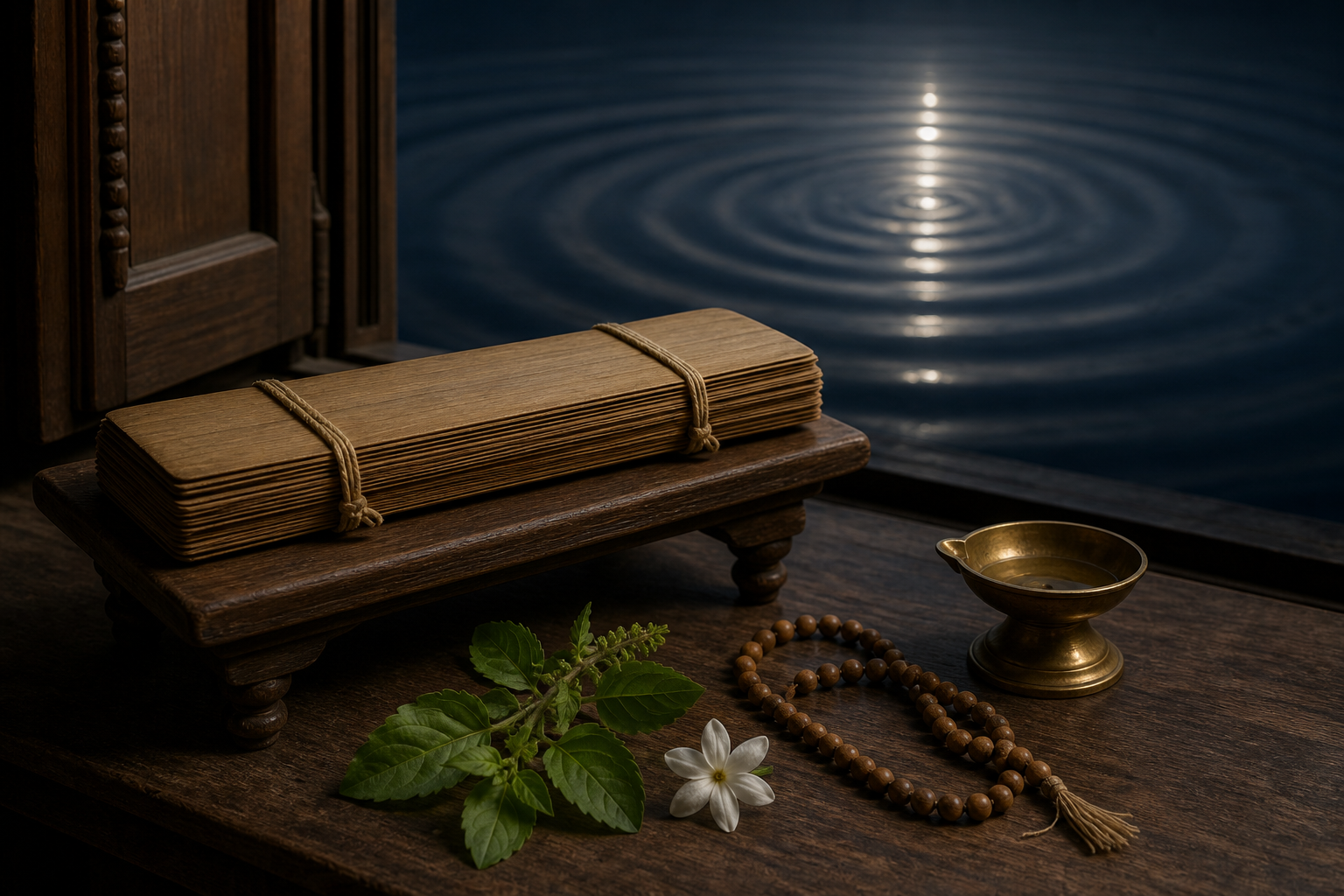 A closed palm-leaf manuscript, prayer beads, tulasi leaves, brass lamp, and jasmine flower rest beside dark water with concentric reflections.
